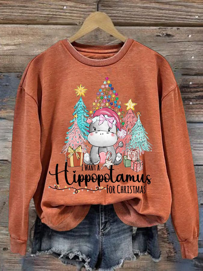 🔥Kaufen Sie 3 und erhalten Sie 10 % Rabatt🔥Langärmliges Sweatshirt mit Rundhalsausschnitt und Aufdruck „I Want A Hippopotamus For Christmas“ 