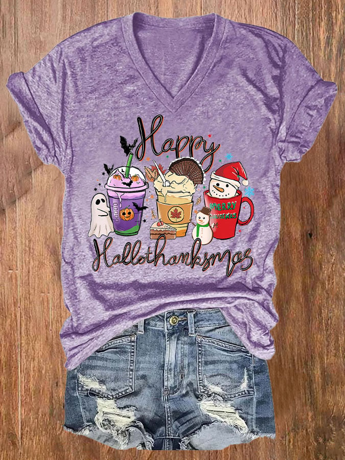 🔥Buy 3 Get 10% Off🔥Women's Happy Hallothanksmas Print T-Shirt