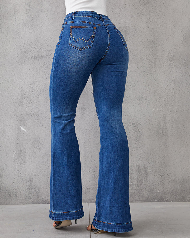 Damen-Hose mit ausgestelltem Bein und hoher Taille, aus Denim mit Knopfleiste und Stretch