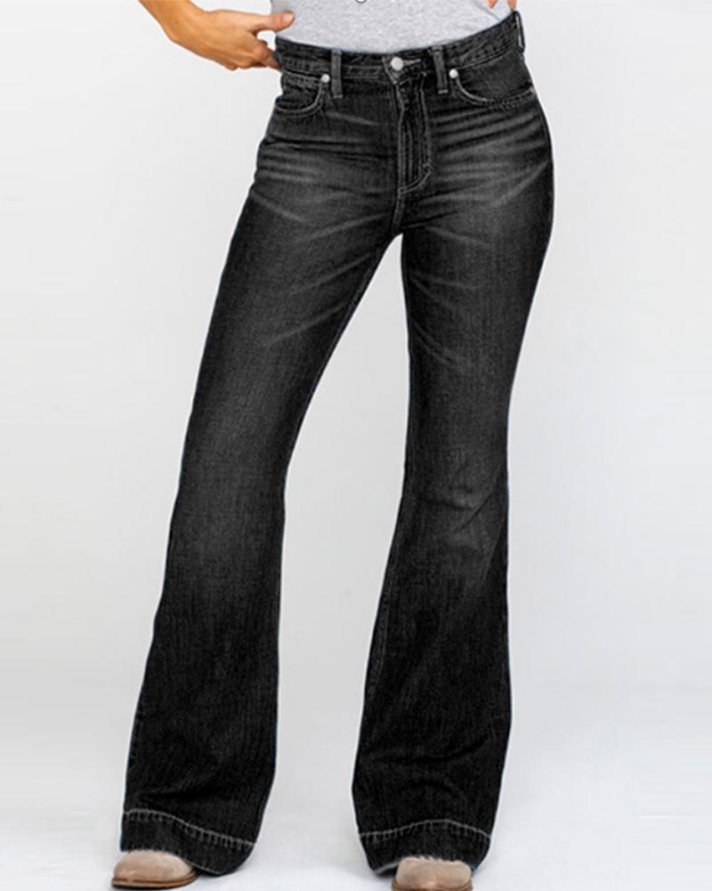 Damen-Hose mit ausgestelltem Bein und hoher Taille, aus Denim mit Knopfleiste und Stretch