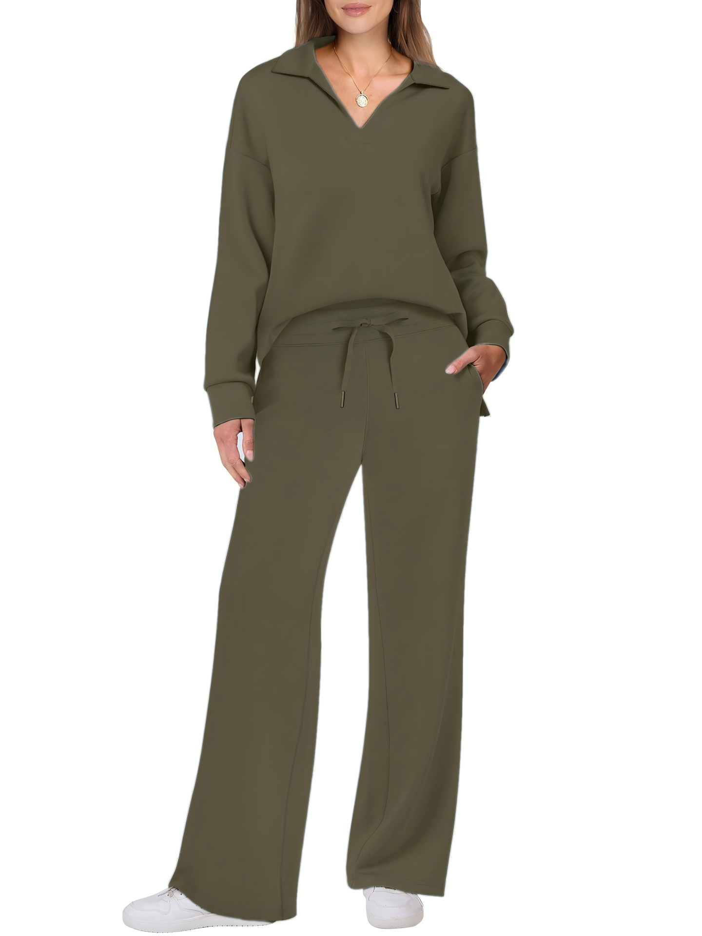 Women's Cotton Two-Piece Oversized Half-Zip Sweatshirt Wide Leg Sweatpants Casual Suit