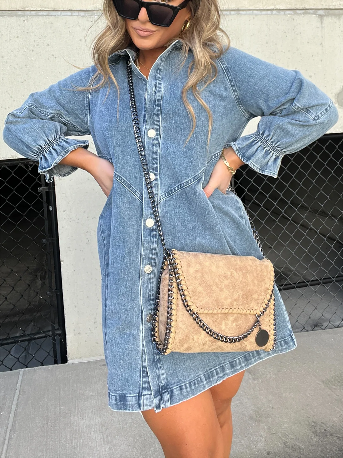 Button Denim Bubble Sleeve Dress (Buy 2 Free Shipping)