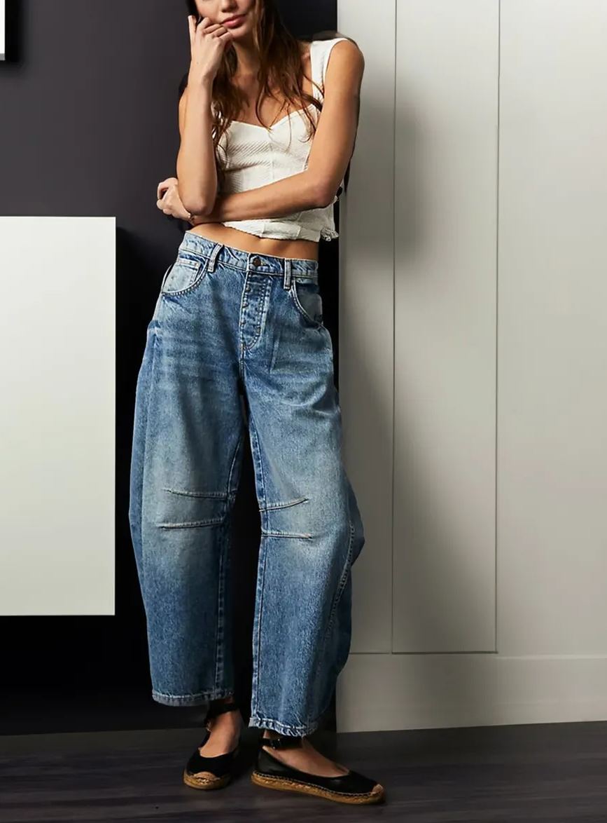 High Stretch Mid-Rise Barrel Jeans Fashion Wide Leg Shape (Buy 2 Free Shipping)