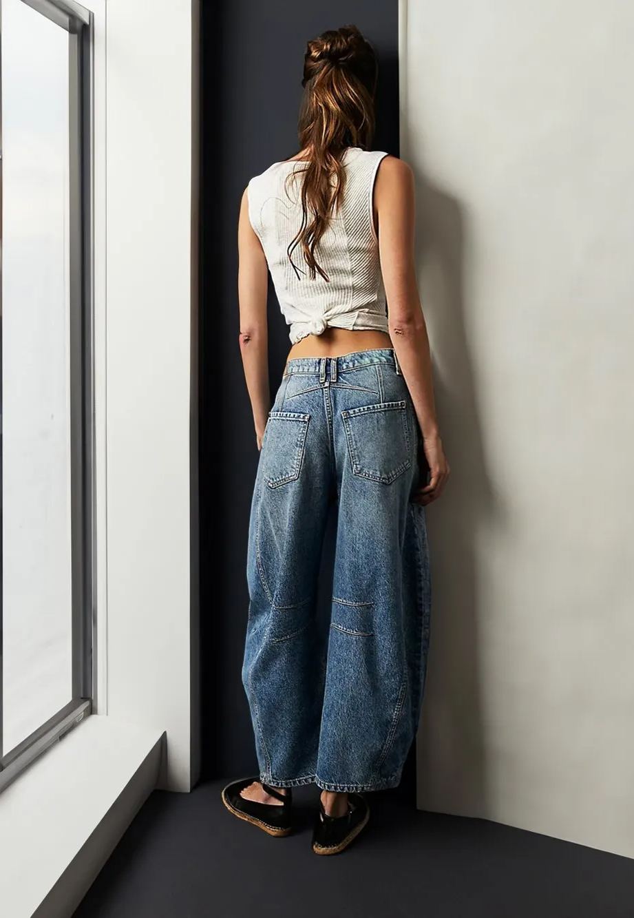 High Stretch Mid-Rise Barrel Jeans Fashion Wide Leg Shape (Buy 2 Free Shipping)