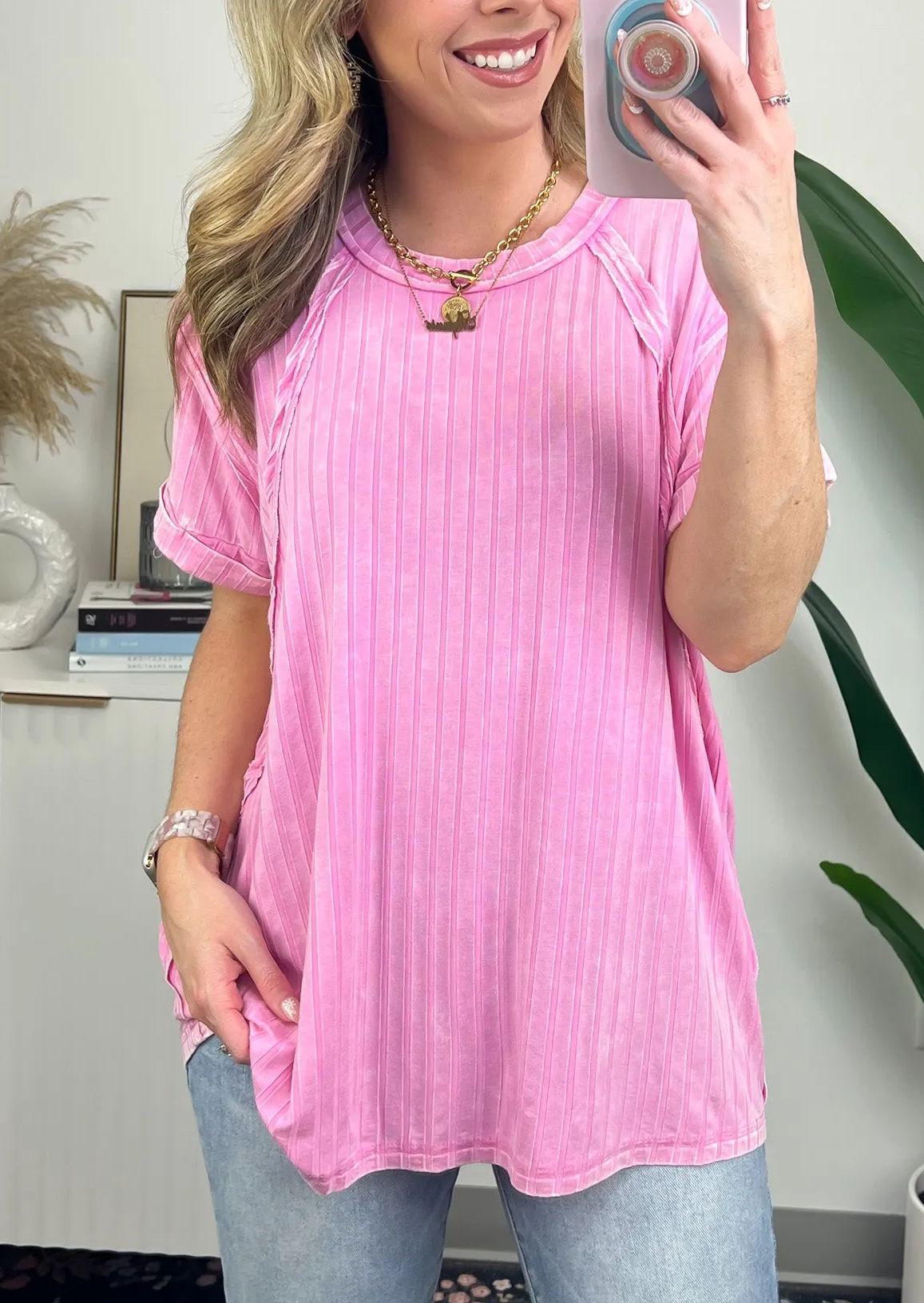 Women's Slouchy Ribbed Mineral Wash Tee (Buy 2 Free Shipping)