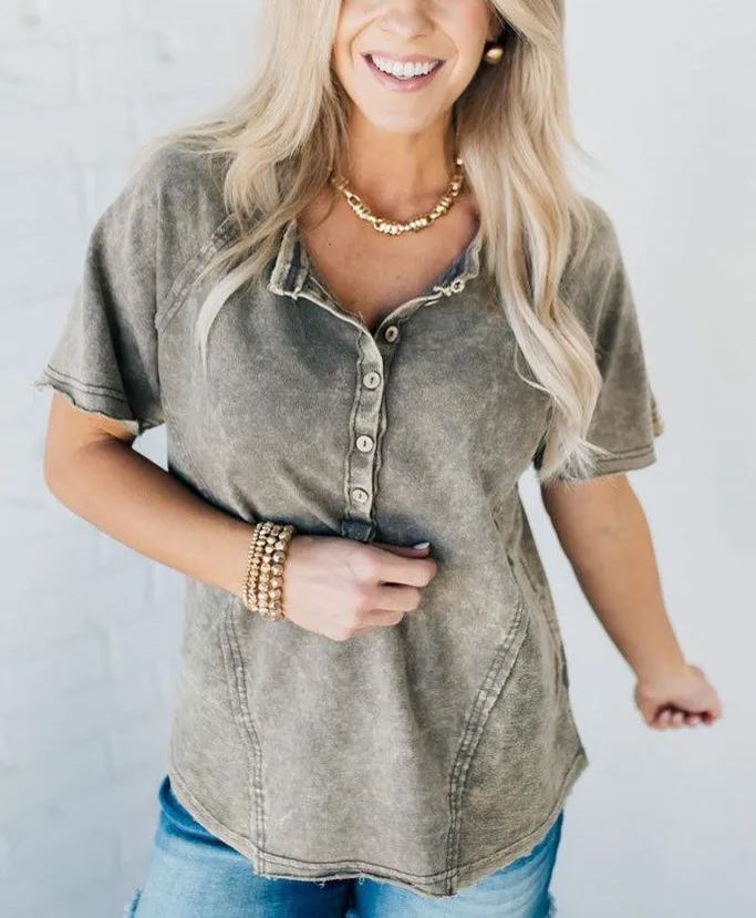 Women's Washed Button T-Shirt (Buy 2 Free Shipping)