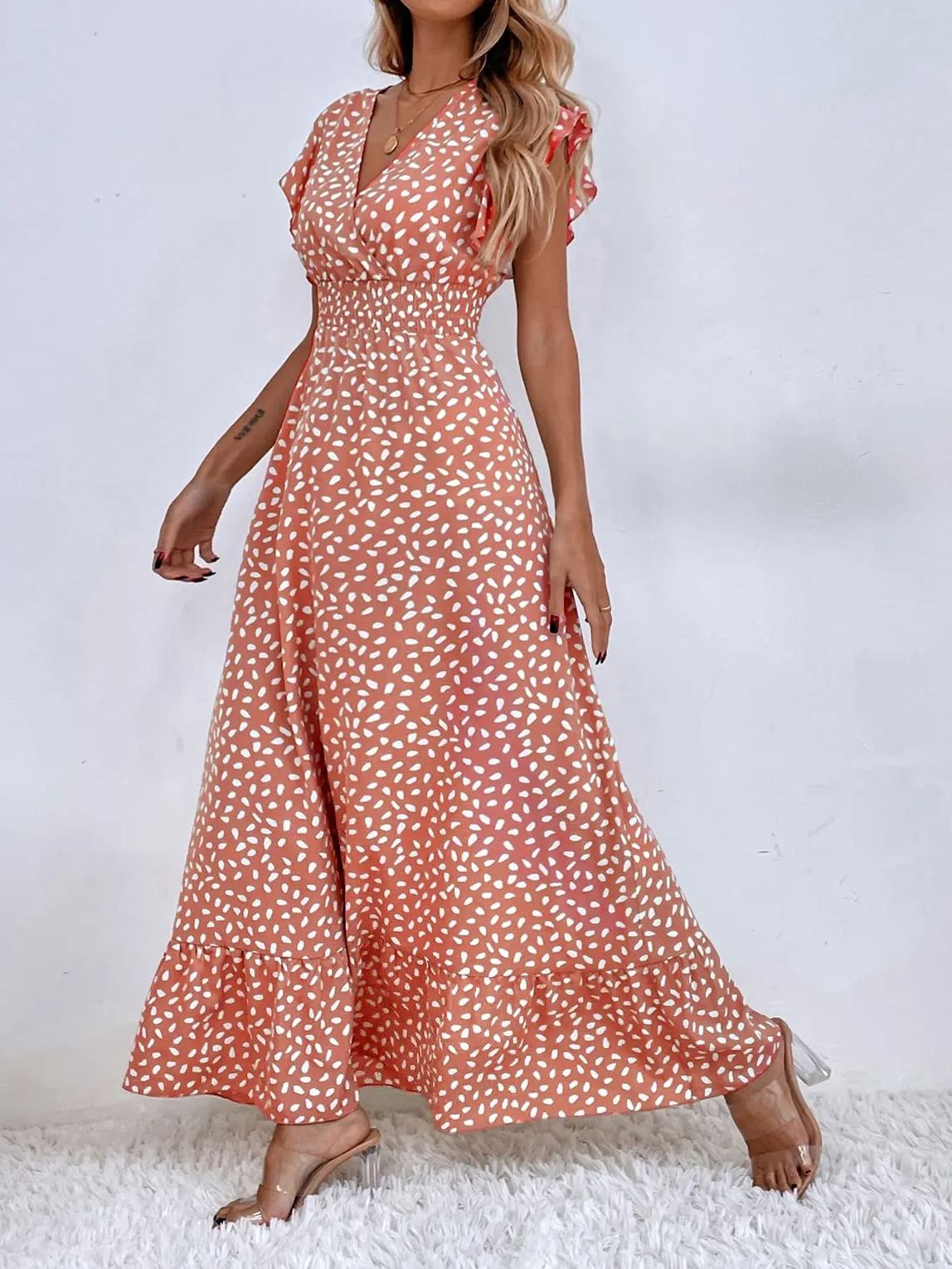 Print Ruffle Sleeve V Neck Maxi Dress