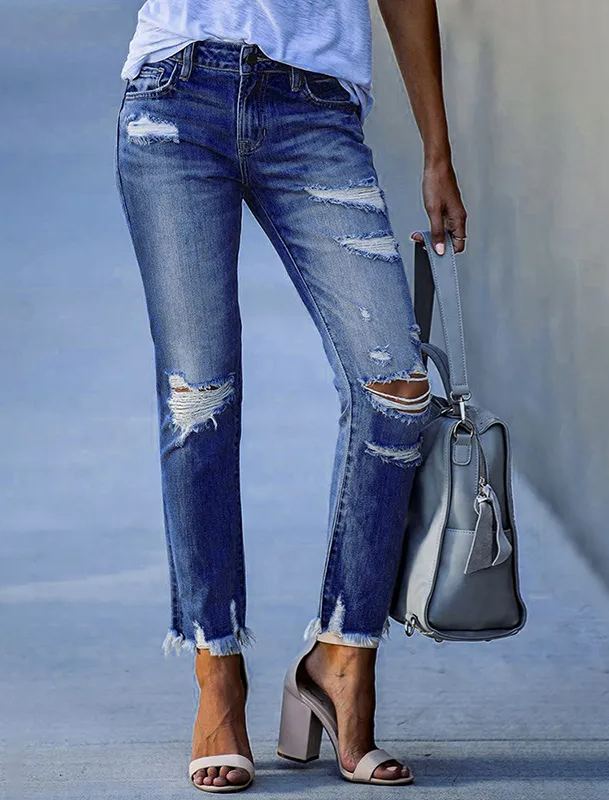 Washed Frayed Fringed Jeans