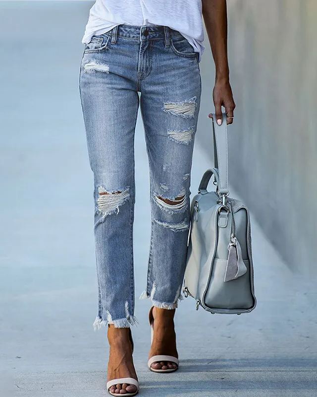 Washed Frayed Fringed Jeans