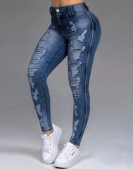 Double-button Ripped Skinny Stretch Jeans