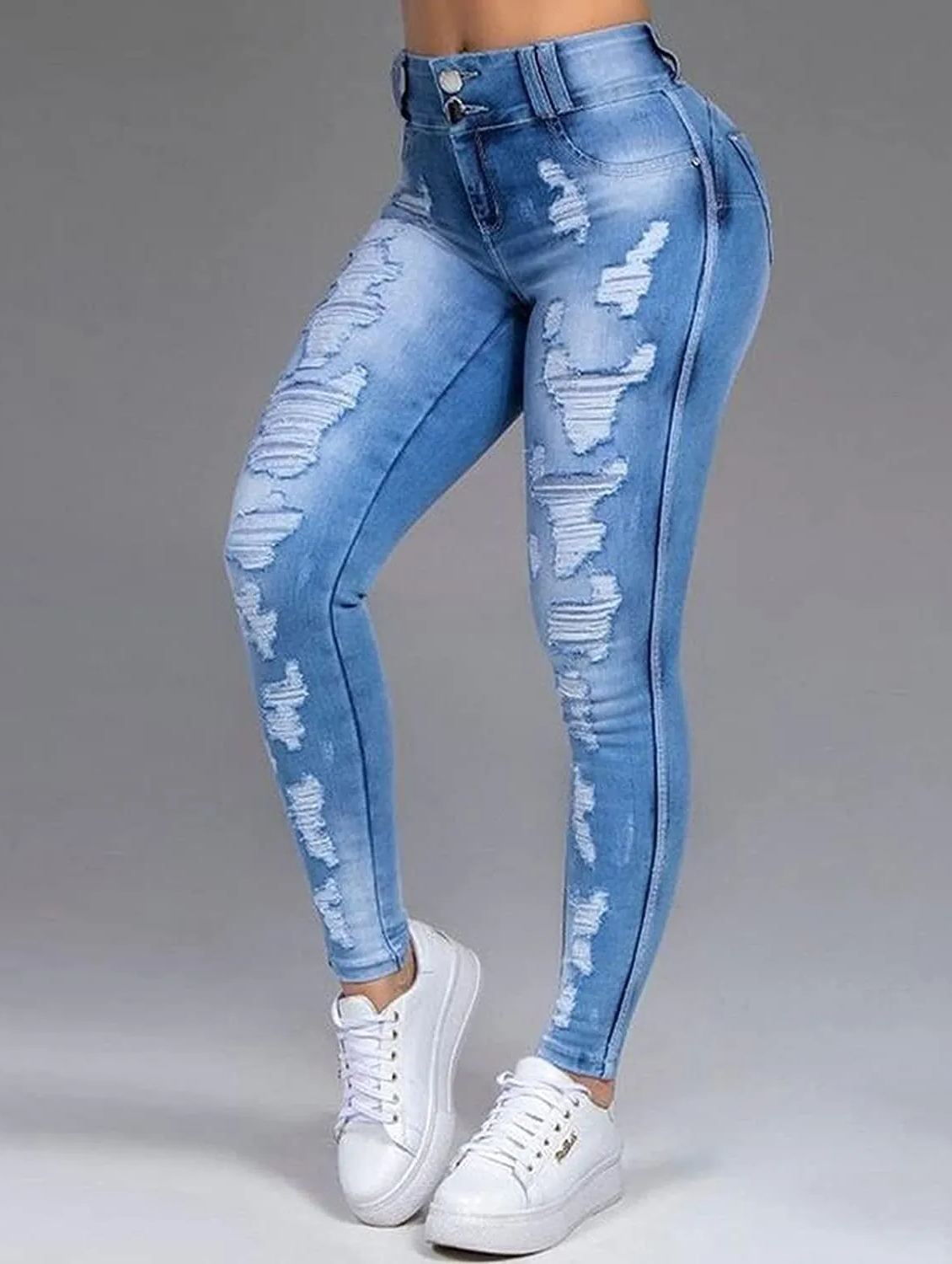 Double-button Ripped Skinny Stretch Jeans