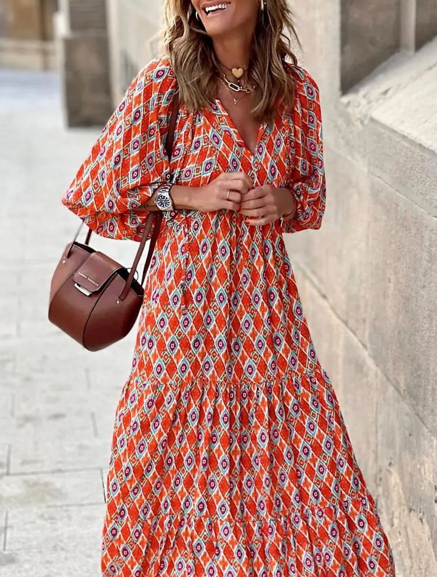 Vestido largo bohemio con estampado floral y mangas abullonadas para mujer (compre 2 y envío gratis)