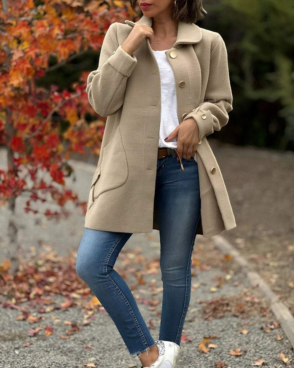 Women's Button Lapel Folded Cuffs Long Jacket