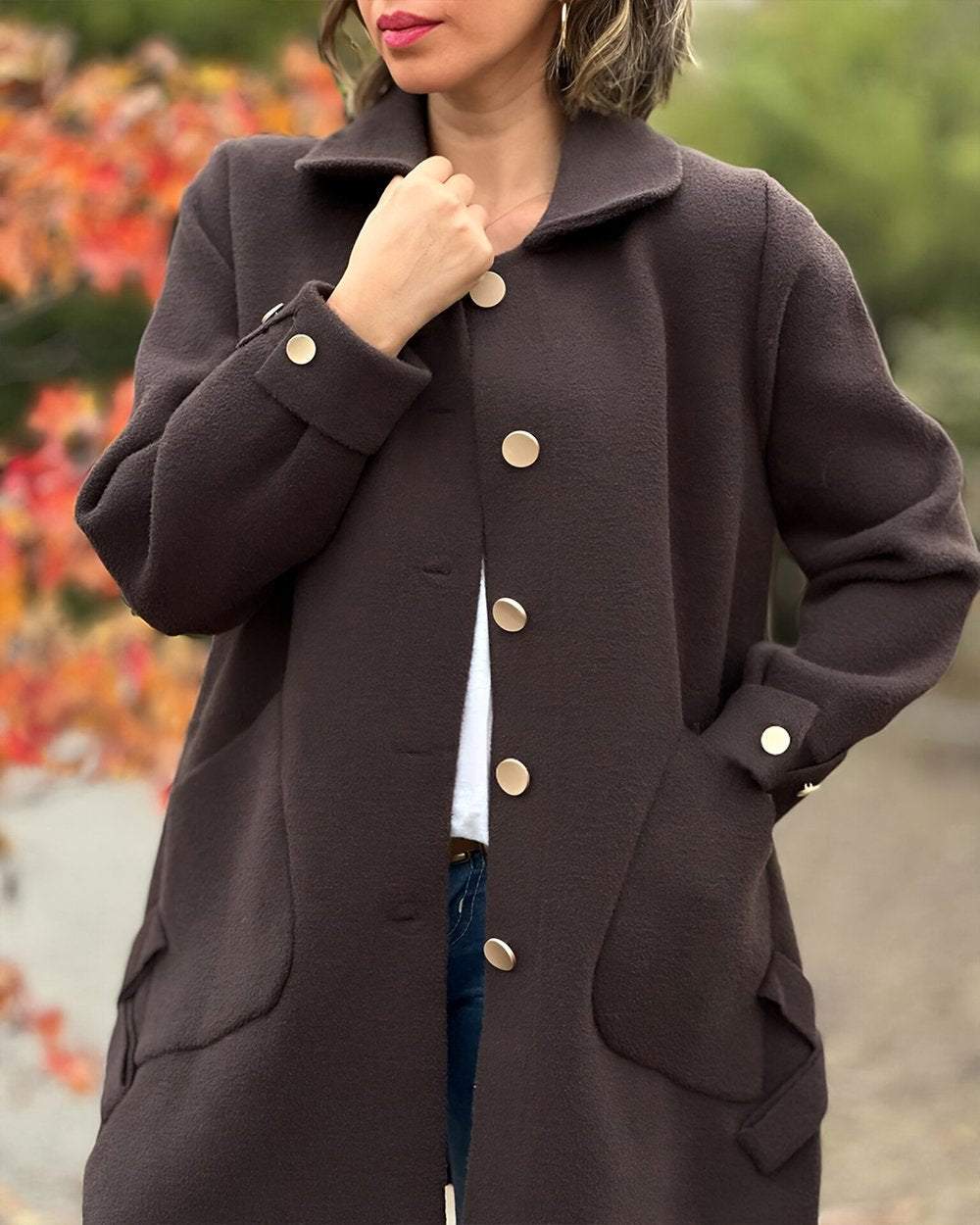 Women's Button Lapel Folded Cuffs Long Jacket