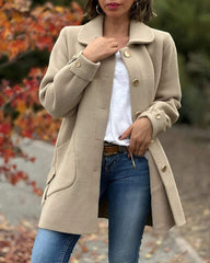 Women's Button Lapel Folded Cuffs Long Jacket